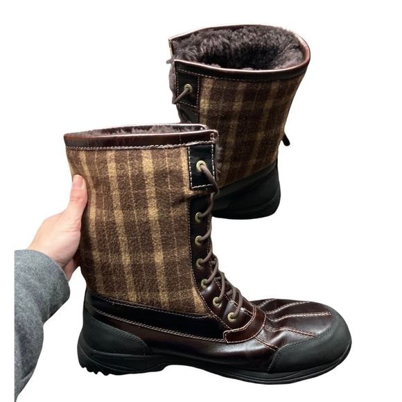 Ugg Australia leather butte shearling lined brown wool plaid snow boots - Picture 5 of 13